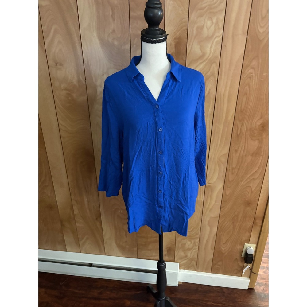Chicos Royal Blue Rayon Button Down Shirt 3/4 Sleeve Size 1 M Medium